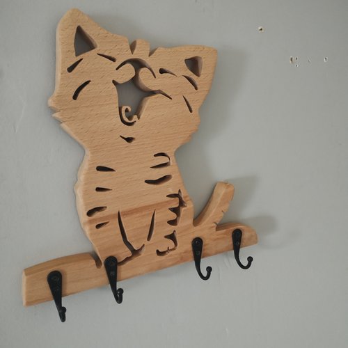 Porte-clés mural chat en bois