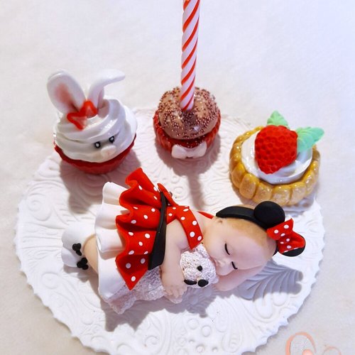 Porte bougie anniversaire bébé fille souris rouge et blanc avec son ourson - au cœur des arts.
