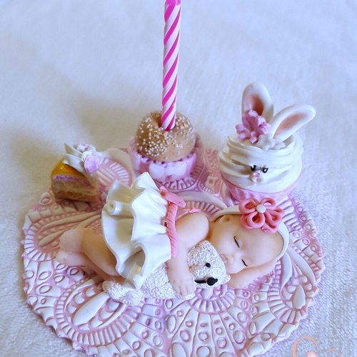 Porte bougie anniversaire bébé fille rose et blanc avec son ourson - au coeur des arts.