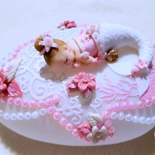 Galet lumineux bébé fille sirène blanc et rose brillant - au cœur des arts.