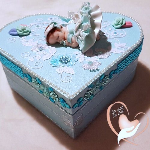 Boite de naissance bébé fille bleue brillant et blanche - au cœur de arts.