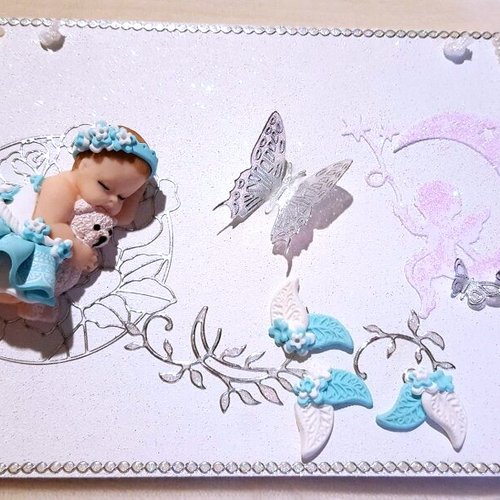 Plaque de porte bébé fille turquoise et blanc avec son ourson - au cœur des arts.