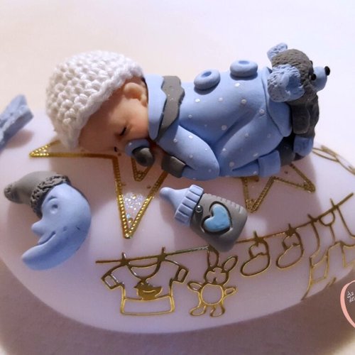 Galet lumineux bébé garçon bleu et gris - au cœur des arts.