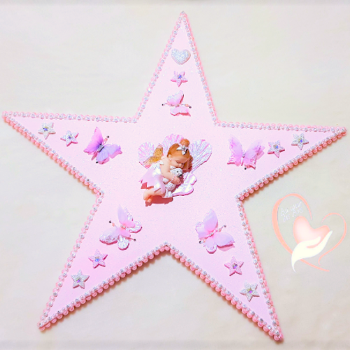Étoile lumineuse plaque de porte bébé fille fée clochette rose brillant et blanc avec son ourson - au cœur des arts.