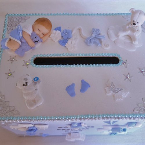 Urne pour baptême bébé garçon bleu et blanc avec son ourson - au cœur des arts.