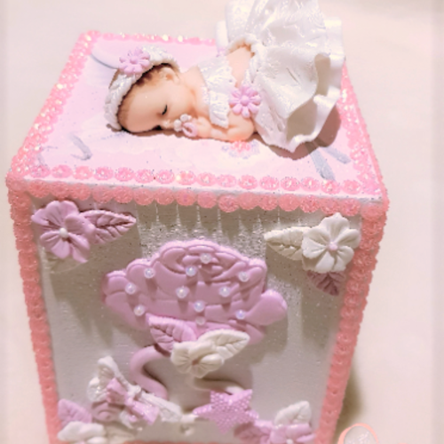 Tirelire bébé fille rose et blanc brillant - au cœur des arts.