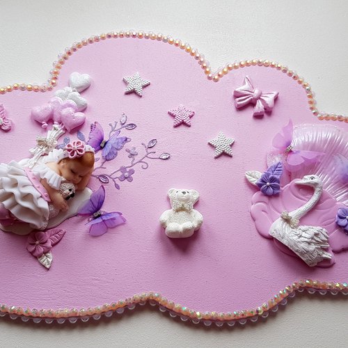 Plaque de porte nuage bébé fille rose et blanc avec son ourson - au cœur des arts.