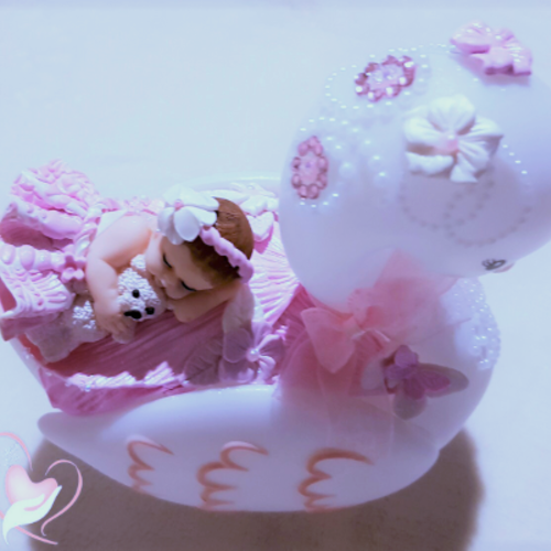 Cygne lumineux bébé fille rose et blanc avec son ourson - au cœur des arts.