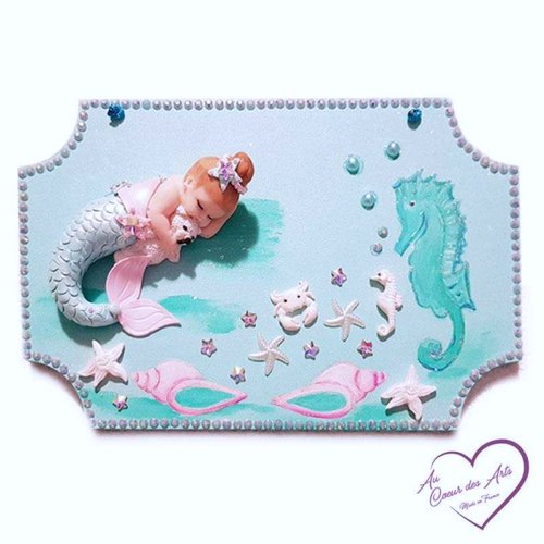 Plaque de porte bébé fille sirène turquoise clair et rose - au cœur des arts.