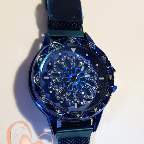 Montre fantaisie bleue bracelet réglable aimanté avec cadran rotatif - au coeur des arts