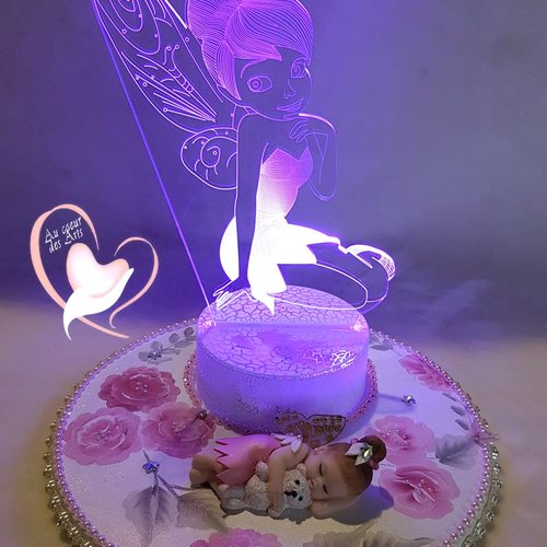 Lampe 3d lumineuse sur socle en bois bébé fille fée clochette rose brillant et blanc avec son ourson - au cœur des arts.