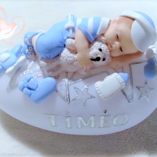 Galet lumineux bébé garçon bleu et blanc avec son ourson - au cœur des arts.