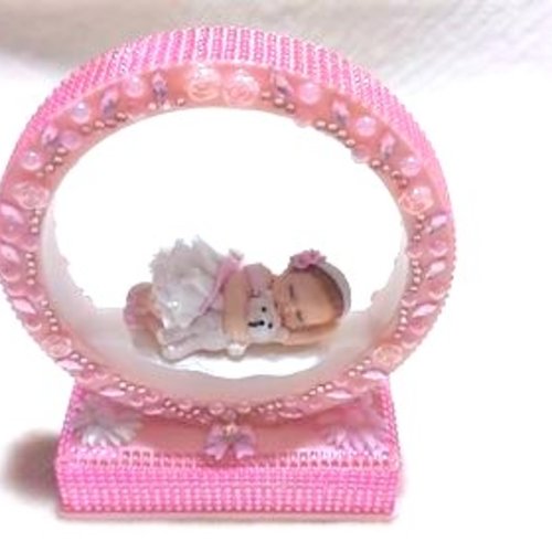 Arche veilleuse lumineuse musicale bébé fille rose et blanche avec son ourson - au cœur des arts.