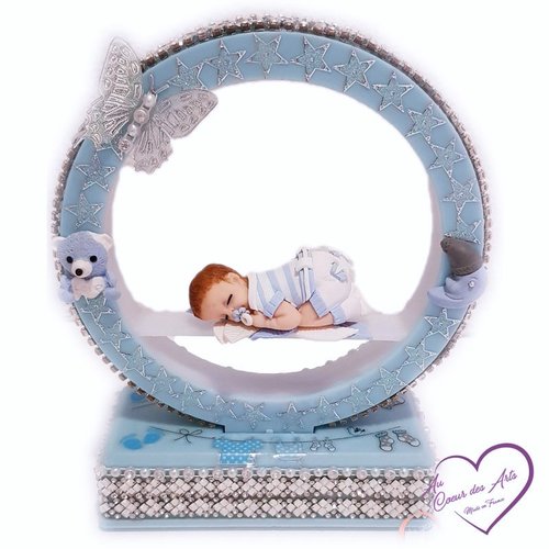 Arche veilleuse lumineuse musicale bébé garçon bleu et blanc - au cœur des arts.