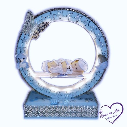 Arche veilleuse lumineuse musicale bébé garçon bleu et blanc avec son ourson - au cœur des arts.