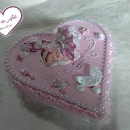 Boite de naissance bébé fille rose et blanc brillant - au cœur de arts.