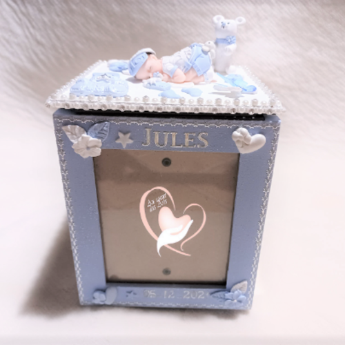 Boite de naissance bébé garçon bleu et blanc - au cœur des arts.