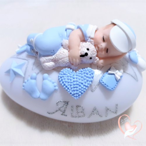 Galet lumineux bébé garçon bleu et blanc avec son ourson - au cœur des arts.