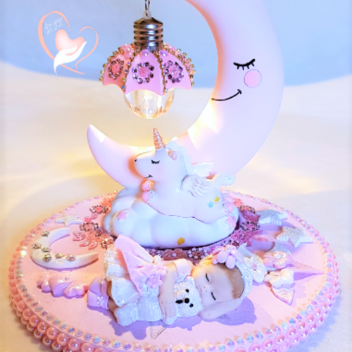 Lampe lune et licorne bébé fille rose et blanc avec son ourson - au cœur des arts.