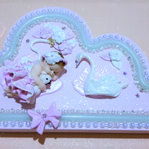 Nuage lumineux fille rose et blanc avec son ourson - au cœur des arts.