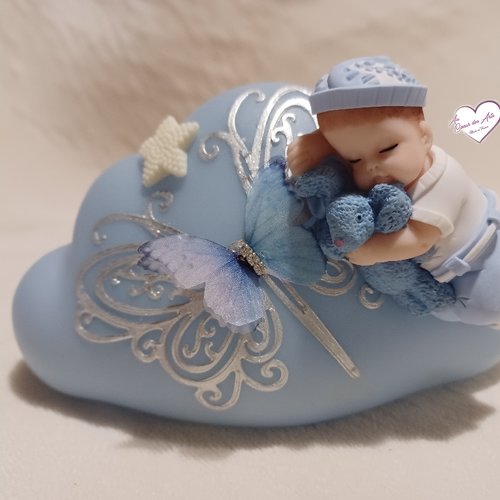 Nuage lumineux bébé garçon bleu et blanc  avec son lapin - au cœur des arts.
