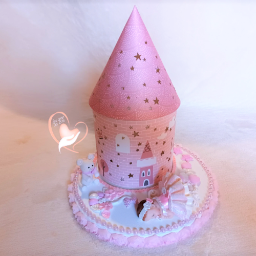 Château lumineux à led sur socle en bois bébé fille rose et blanc - au cœur des arts.