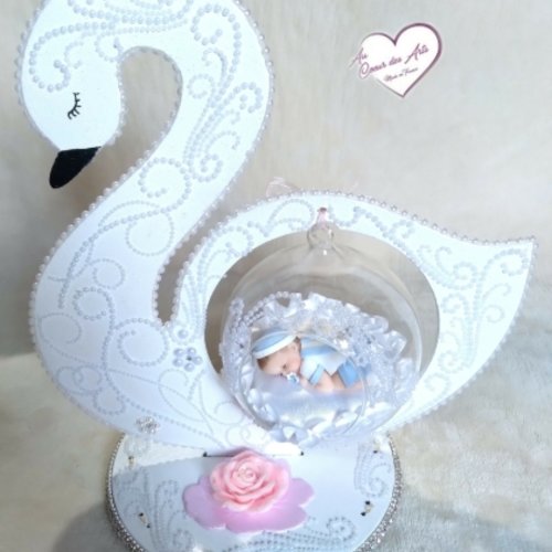 Centre de table baptême et veilleuse bébé garçon fimo bleu et blanc - au cœur des arts.