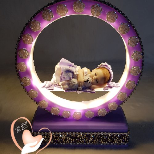 Arche lumineuse musicale bébé fille parme et blanche avec son ourson - au cœur des arts.