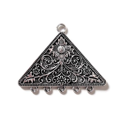 1 pendentif triangle floral  multirangs en laiton plaqué argent antique 58 x 45 mm 