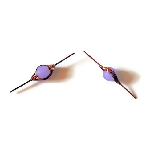 2 connecteurs perles sea glass lavender opaque 50 mm, fil de cuivre antique copper 