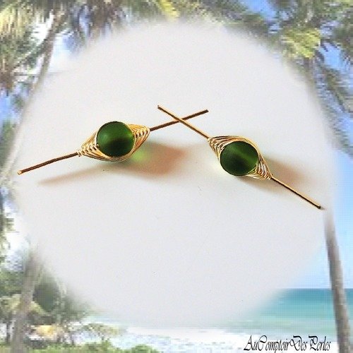 2 connecteurs perles seaglass olive 50 mm, fil de cuivre plaqué or 