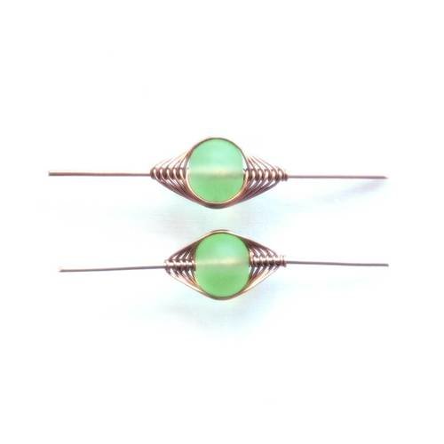 2 connecteurs perles seaglass vert 50 mm, fil de cuivre antique copper 