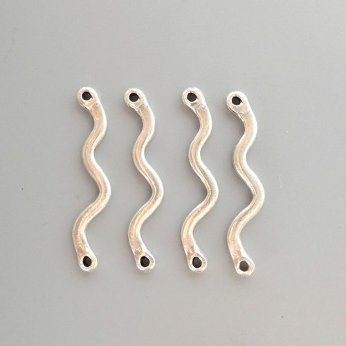 4 connecteurs barres ondulées argent antique 2 anneaux, 10x35 mm