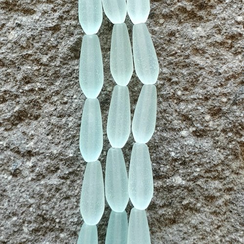 6 poires sea glass light aqua seafoam, verre dépoli, 18x6 mm