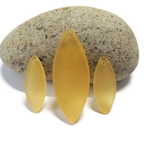 Parure pendentifs marquise, verre recyclé, sea glass, jaune, 33x13 mm et 48x19 mm, parure,