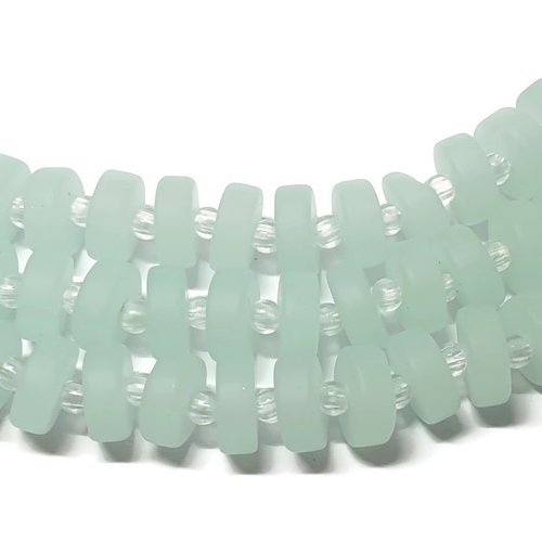 34 perles heishi sea glass, verre recyclé, opaque seafoam,  8x3 mm