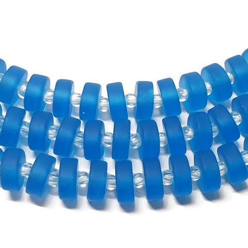 34 perles heishi sea glass, perles disque, verre recyclé, pacifique bleu, 8x3 mm