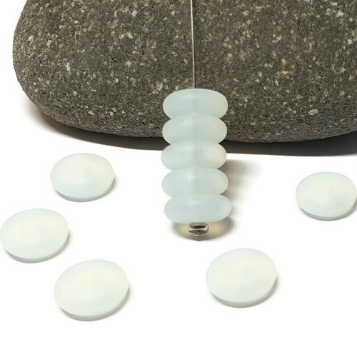 10 perles rondelles sea glass, moonstone, verre recyclé  12x4 mm