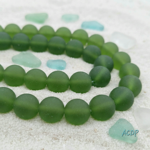 21 perles rondes sea glass, olive, verre recyclé, 10 mm