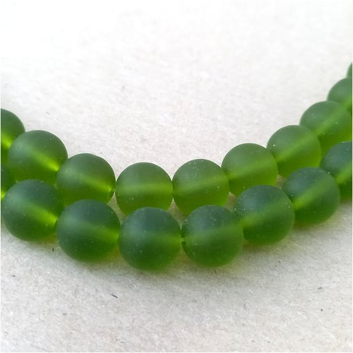 21 perles rondes sea glass, olive, verre recyclé, 10 mm