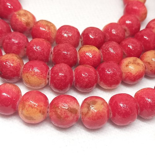 10 perles rondes, calcaire de mer, rouge-jaune 8-9 mm