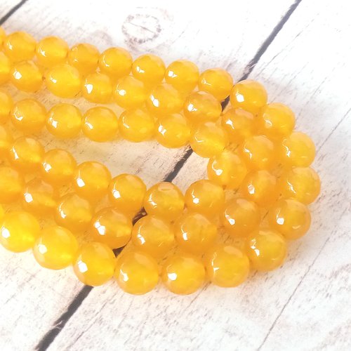 10 perles rondes facettées, jade, jaune miel, 10 mm
