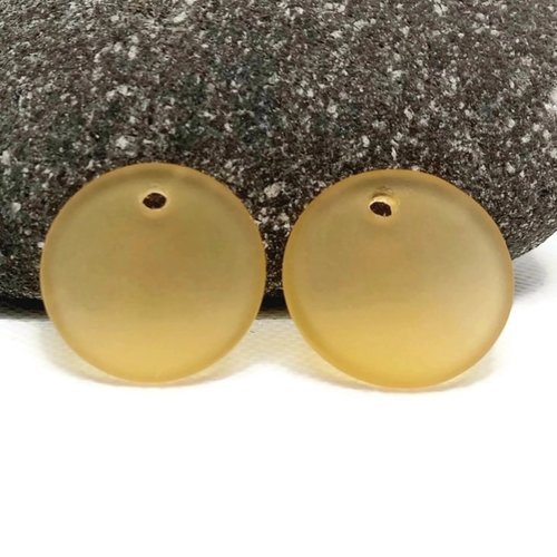 2 pendentifs ronds plats, sea glass, jaune, verre recyclé, 25 mm