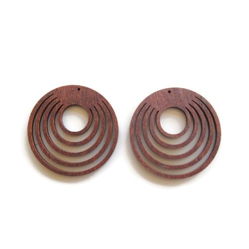 2 pendentifs filigrane rond en bois, café, 50 mm