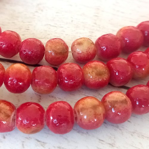 10 perles rondes, calcaire de mer, rouge-jaune 8-9 mm