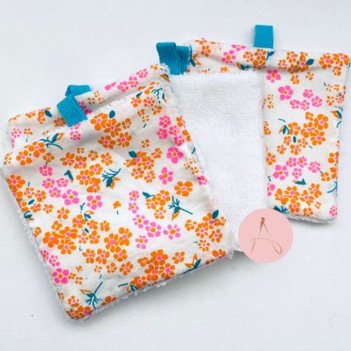Lot de lingettes lavables blanc et coton fleurs orange et turquoise