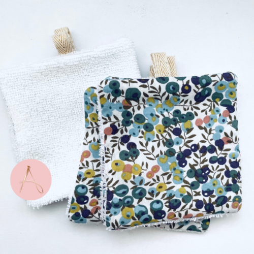 Lot de lingettes lavables blanc et coton fantaisie beige et prune