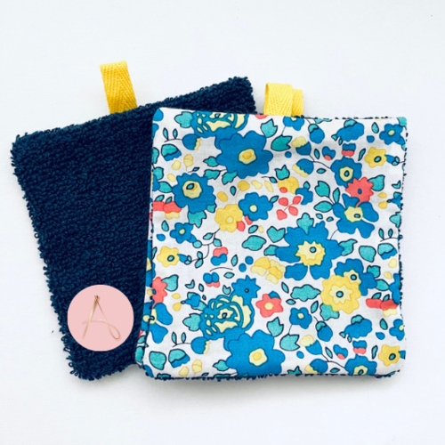 Lot de lingettes lavables marine et coton fleurs bleu royal et jaune