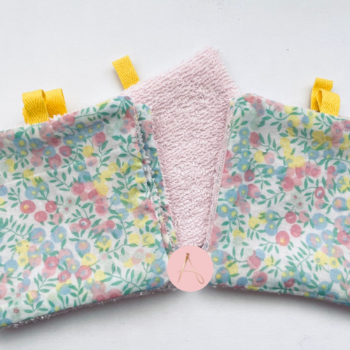 Lot de lingettes lavables en bambou rose et coton fantaisie rose clair, jaune et vert amande