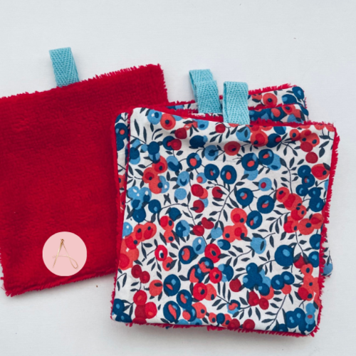 Lot de lingettes lavables bambou rouge et coton fantaisie rouge, marine et bleu ciel